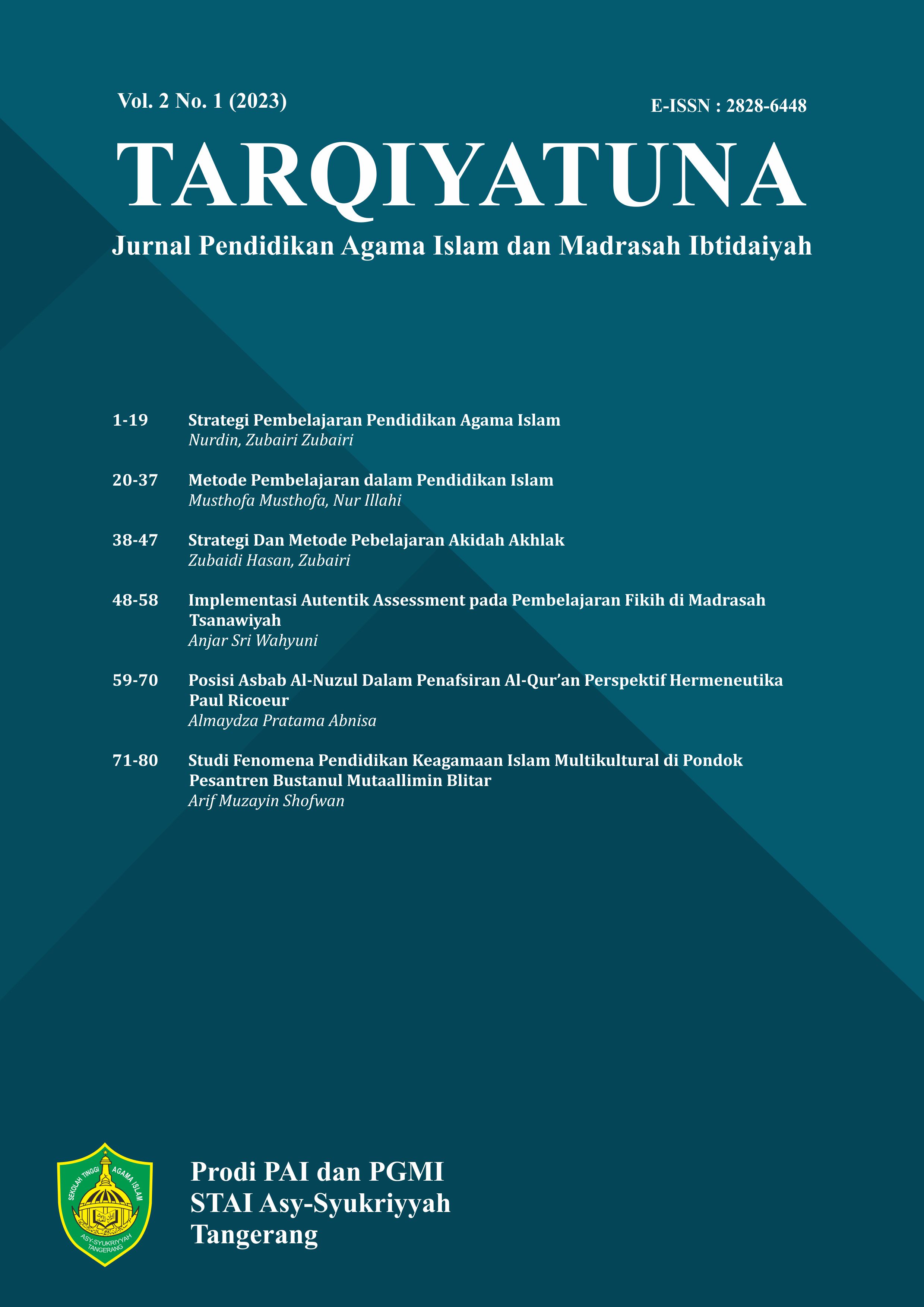 					View Vol. 2 No. 1 (2023): TARQIYATUNA: Jurnal Pendidikan Agama Islam dan Madrasah Ibtidaiyah
				